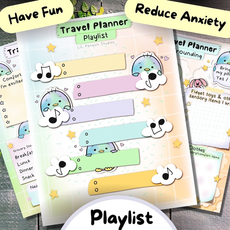 May include: A printable travel planner with a pastel color scheme and a cute cartoon penguin design. The planner includes sections for "Have Fun" and "Reduce Anxiety" with space for lists and notes. The text "Travel Planner Playlist" is at the top of the page.