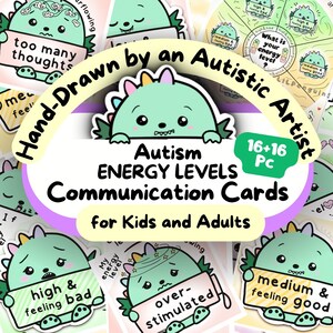 Dino Autisme Lanyard-kaarten: energieniveaus, non-verbale autistische visuele signalen voor volwassenen, communicatiekaarten voor kinderen, sensorische problemen, overweldigen