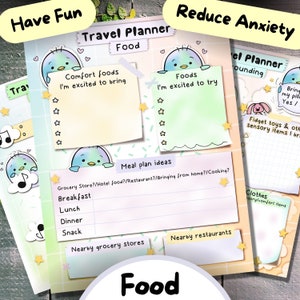 May include: A printable travel planner with a cute cartoon bird design. The planner is divided into sections for food, surrounding, and comfort items. The planner includes sections for comfort foods, foods to try, meal plan ideas, nearby grocery stores, nearby restaurants, and fidget toys and sensory items.