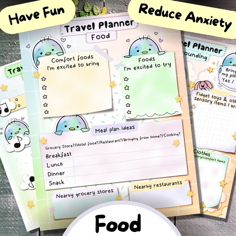 May include: A printable travel planner with a cute cartoon bird design. The planner is divided into sections for food, surrounding, and comfort items. The planner includes sections for comfort foods, foods to try, meal plan ideas, nearby grocery stores, nearby restaurants, and fidget toys and sensory items.