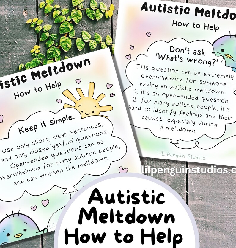Pode incluir: Dois cart&otilde;es ilustrados com o texto "Autistic Meltdown How to Help". Um cart&atilde;o aconselha "Keep it simple" com frases curtas e perguntas fechadas. O outro diz "Don't ask 'What's wrong?'" com raz&otilde;es. Ilustra&ccedil;&otilde;es de sol e p&aacute;ssaros.
