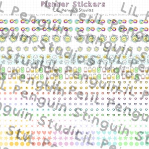 May include: A sheet of planner stickers featuring diverse designs such as infinity symbols, clocks, weather icons, energy level trackers, stars, hearts, and question marks. The stickers are in various colours and are designed for easy cutting.