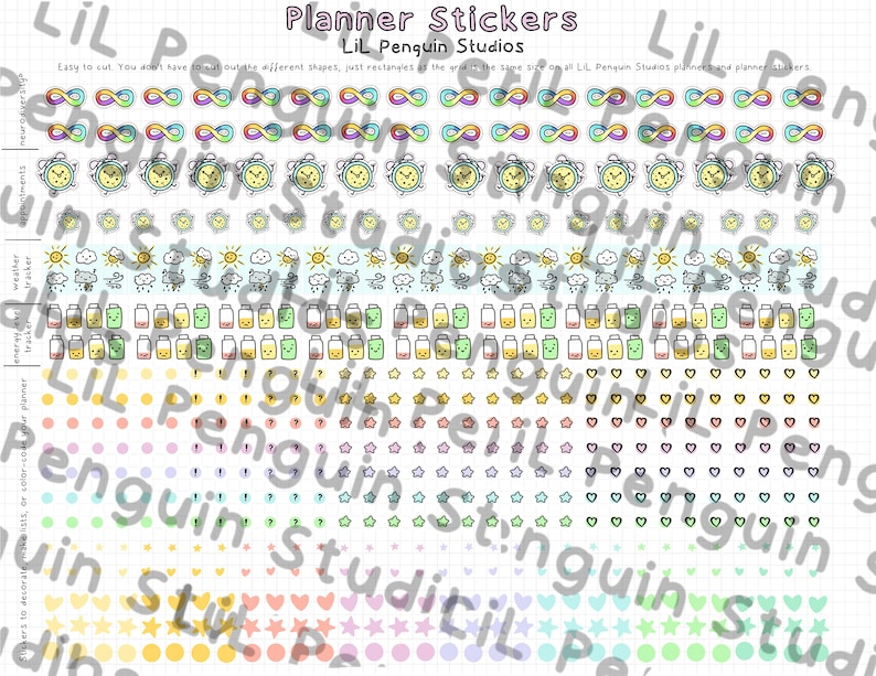 May include: A sheet of planner stickers featuring diverse designs such as infinity symbols, clocks, weather icons, energy level trackers, stars, hearts, and question marks. The stickers are in various colours and are designed for easy cutting.