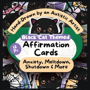 Könnte beinhalten: Ein Set mit 12 Affirmationskarten zum Thema schwarze Katze. Die Karten wurden von einem autistischen Künstler handgezeichnet und zeigen schwarze Katzen mit verschiedenen Gesichtsausdrücken. Die Karten sollen bei Angst, Zusammenbrüchen, Stillstand und mehr helfen.