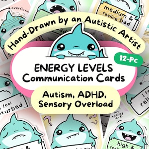 Autisme ADHD Haai-communicatiekaarten, energieniveau, SPD, zintuiglijke problemen, kernsmeltingswaarschuwing, overgestimuleerde autistische volwassen OC, neurodiversiteit