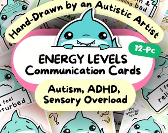 May include: A set of 12 illustrated communication cards featuring a cartoon shark holding signs with different energy levels. The cards are designed for individuals with autism, ADHD, and sensory overload. The text on the cards reads "ENERGY LEVELS Communication Cards Autism, ADHD, Sensory Overload".