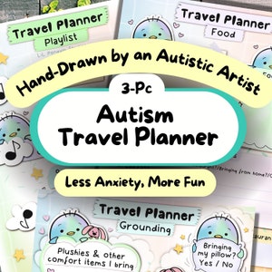 Puede incluir: Un conjunto de tres páginas de planificador de viajes imprimibles con ilustraciones dibujadas a mano de un pájaro azul con un degradado arcoíris. Las páginas se titulan "Travel Planner Playlist", "Travel Planner Food" y "Travel Planner Grounding". El texto "Hand-Drawn by an Autistic Artist" y "3-Pc Autism Travel Planner Less Anxiety, More Fun" también está incluido.