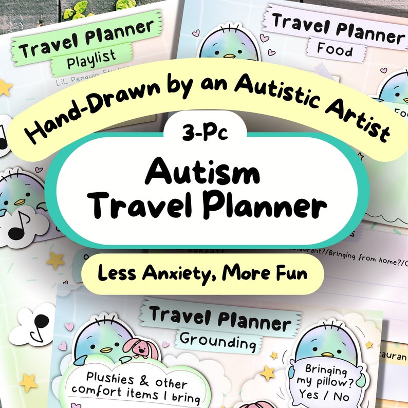 May include: A set of three printable travel planner pages featuring hand-drawn illustrations of a blue bird with a rainbow gradient. The pages are titled "Travel Planner Playlist", "Travel Planner Food", and "Travel Planner Grounding". The text "Hand-Drawn by an Autistic Artist" and "3-Pc Autism Travel Planner Less Anxiety, More Fun" is also included.