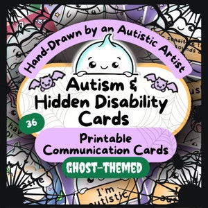 Ghost verborgen handicapkaartenset, Autisme Lanyard non-verbale communicatiekaarten, Halloween afdrukbare autistische sleutelhanger, digitale ADHD-badge