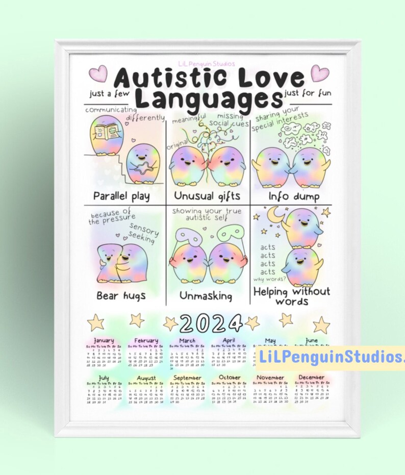 2024 Autism Calendar, Autistic Love Languages, Autism Print, Therapy