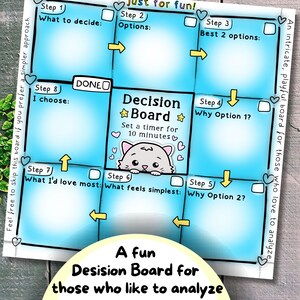 May include: A blue and white decision board with a cute cat illustration. The board is divided into sections with prompts like "What to decide" and "I choose." Text includes "Decision Board" and "Set a timer for 10 minutes."