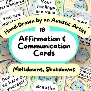 Cartão de comunicação de fusão de 18 unidades e conjunto de cartões de afirmação, comunicação não verbal, cartões de autismo não verbal, kit de alívio de ansiedade, placa AAC