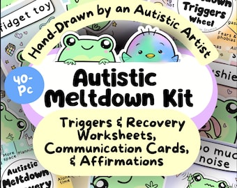 Autistic Meltdown Bundle, Adult Frog Communication Cards, Penguin Autism Worksheet, Sensory Overload Aid, Neurodivergent Child Affirmations