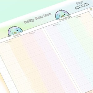 May include: A daily routine planner with a pastel rainbow background. The planner is divided into two sections: "Work" and "Recharge". Each section has columns for "Activity" and "Notes". The planner also includes a section for "Day" with the days of the week listed.