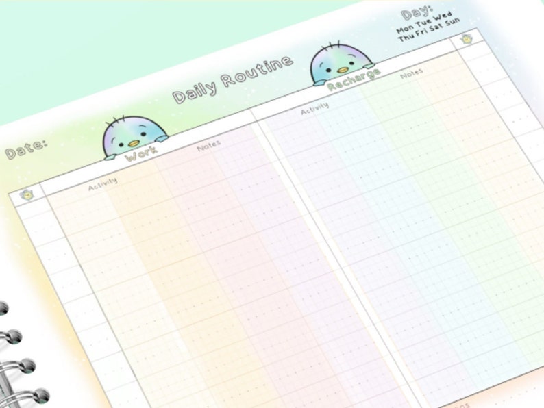 May include: A daily routine planner with a pastel rainbow background. The planner is divided into two sections: "Work" and "Recharge". Each section has columns for "Activity" and "Notes". The planner also includes a section for "Day" with the days of the week listed.