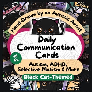 Zwarte kat communicatiekaarten voor volwassenen, Halloween-print autisme kinderen, niet-sprekend hulpmiddel, autistische sensorische problemen OC, ASS non-verbale afdrukbare kit