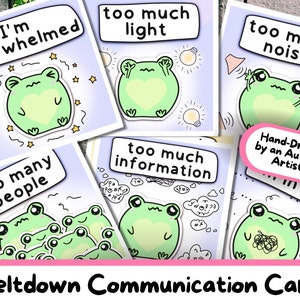 Kikker sensorische overbelasting communicatiekaarten, ASD Meltdown afdrukbare AAC, neurodivergerende visuele Board, Kawaii Cartoon Autisme Instant Download