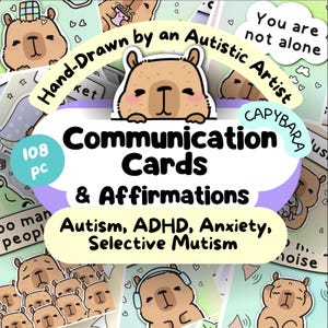 Capibara-communicatiekaarten, autistische affirmaties, afdrukbaar voor kinderen met ADHD en autisme, non-verbale neurodivergente kit, print sensorische overbelasting