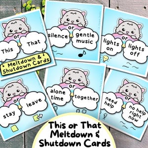 May include: A set of "This or That Meltdown & Shutdown Cards" featuring a cartoon cat on a rainbow. Each card offers two choices, such as "stay or leave" and "lights on or lights off", with a light blue background.