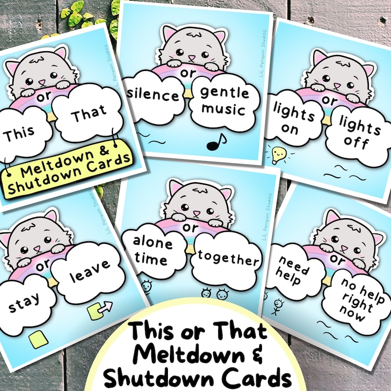 May include: A set of "This or That Meltdown & Shutdown Cards" featuring a cartoon cat on a rainbow. Each card offers two choices, such as "stay or leave" and "lights on or lights off", with a light blue background.