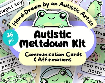 May include: A set of 36 illustrated communication cards featuring a green frog character. The cards are designed to help autistic individuals communicate their needs and feelings. The cards include phrases like "too many people", "too much noise", and "fidget toy".
