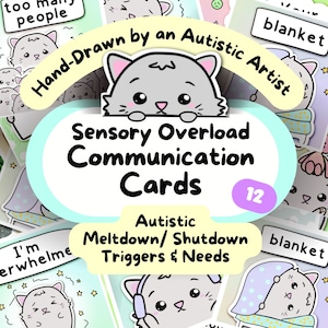 Nicht sprechende Kommunikationskarten, SPD/ Shutdown/ Meltdown Prevention zum Ausdrucken, AAC-Board im Katzendesign, Autismus-Burnout-Wiederherstellungshilfe