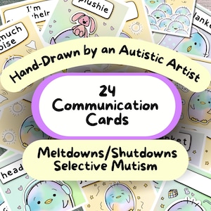 24 communicatiekaarten voor kernsmeltingen, selectieve mutismekaarten, schattige volwassen communicatiekaart, autistische non-verbale communicatie, autismekaarten