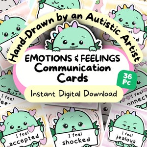 Dino Feelings Communicatiekaarten voor volwassenen, Emoties Flashcards, Autistische Aac, ADHD emotionele regulatie Print, SEL afdrukbaar, ASS-therapietool