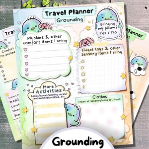 May include: A printable travel planner worksheet with a cartoon bird design. The worksheet is divided into sections for grounding activities, comfort items, sensory items, and more. The text "Grounding" appears at the top and bottom of the worksheet.