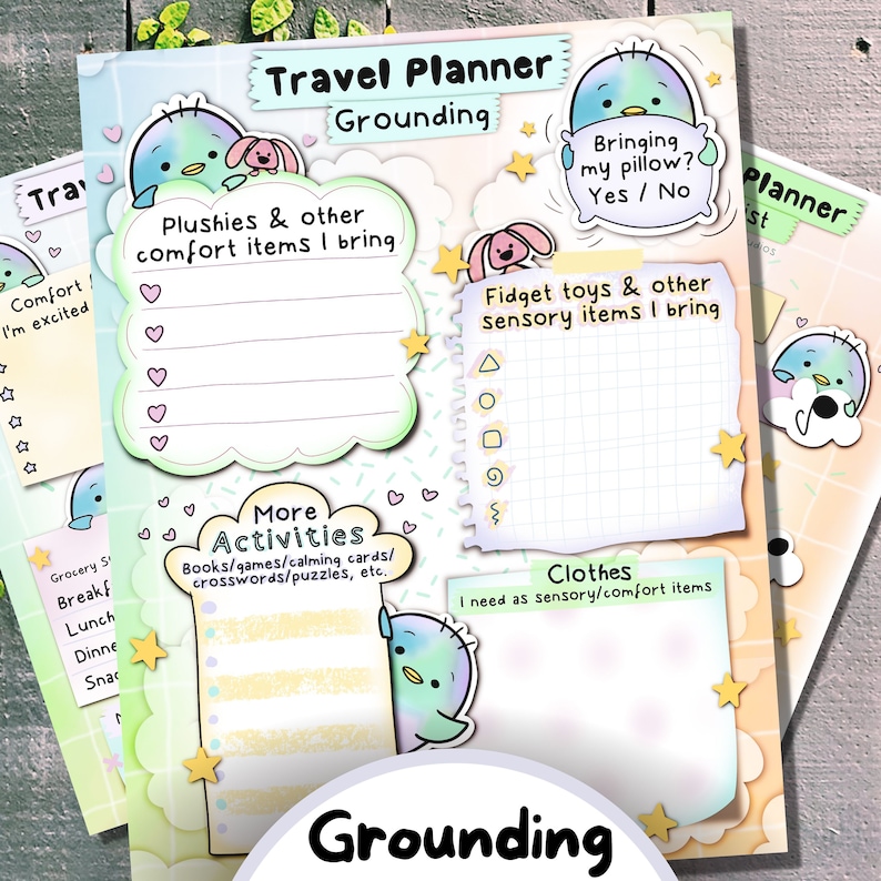 May include: A printable travel planner worksheet with a cartoon bird design. The worksheet is divided into sections for grounding activities, comfort items, sensory items, and more. The text "Grounding" appears at the top and bottom of the worksheet.