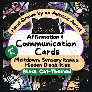 Cartes de communication et affirmations de chat noir, kit pour l'autisme non verbal, Halloween aide à la fusion autiste, mutisme sélectif, surcharge sensorielle PDF