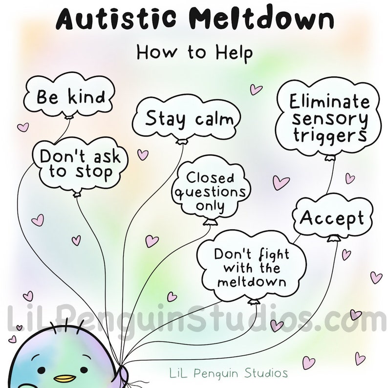 Pode incluir: Ilustra&ccedil;&atilde;o colorida com o texto "Autistic Meltdown - How to Help". Bal&otilde;es com frases como "Be kind", "Stay calm" e "Eliminate sensory triggers" est&atilde;o ligados a um pinguim de desenho animado. Cora&ccedil;&otilde;es est&atilde;o espalhados.