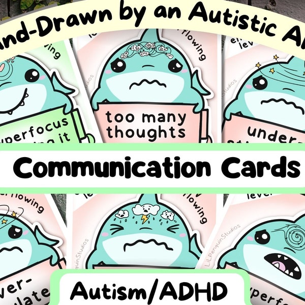 Non-verbale communicatiekaarten met haaienthema, autisme ADHD, burn-out, kernsmelting, sensorische verwerkingsstoornis, energieniveaus, overstimulatie (pdf)