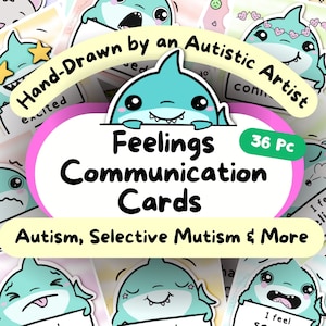 Haai-communicatiekaarten: autistische volwassen emoties-flashcards, gevoelenslijst, digitale producten autisme, non-verbaal visueel hulpmiddel, OC voor kinderen