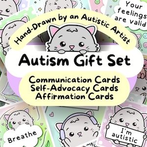 Autisme-cadeauset, communicatiekaarten katten, autistische infokaart, affirmaties, non-verbaal visueel hulpmiddel, neurodiversiteit afdrukbaar, SLP, SPED