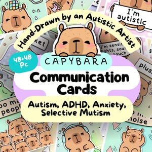 Communicatiekaarten autisme, ADHD-angst Autistische hulp, neurodivergente sleutelkoordprint, capibara afdrukbare non-verbale tool, kit selectief mutisme