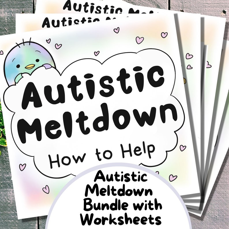 Pode incluir: Uma pilha de pap&eacute;is brancos com as palavras "Autistic Meltdown" e "How to Help" em preto. Um p&aacute;ssaro de desenho animado &eacute; vis&iacute;vel. O pacote &eacute; rotulado como "Autistic Meltdown Bundle with Worksheets."