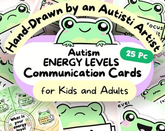 May include: A set of 25 illustrated communication cards featuring a cartoon frog with different energy levels. The cards are designed for kids and adults with autism and say "Autism Energy Levels Communication Cards".