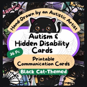 Verborgen invaliditeitskaarten zwarte kat, Halloween afdrukbare autisme-badge, zonnebloemsleutelkoord downloaden, ADHD-sleutelhanger pdf, neurodivergent tag voor volwassenen
