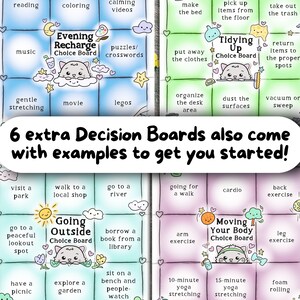 May include: Four colorful choice boards with activity suggestions, including "Evening Recharge," "Tidying Up," "Going Outside," and "Moving Your Body." Each board features a cute cat graphic and various activity options. The text reads "6 extra Decision Boards also come with examples to get you started!"