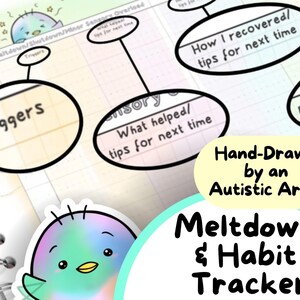 May include: A hand-drawn Meltdown & Habit Tracker with a teal and white design. The tracker includes sections for triggers, sensory information, and recovery tips. The text "Hand-Drawn by an Autistic Artist" is also visible.