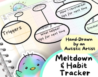 Könnte beinhalten: Ein handgezeichneter Meltdown & Habit Tracker mit einem türkis-weißen Design. Der Tracker enthält Abschnitte für Auslöser, sensorische Informationen und Tipps zur Genesung. Der Text "Handgezeichnet von einem autistischen Künstler" ist ebenfalls sichtbar.