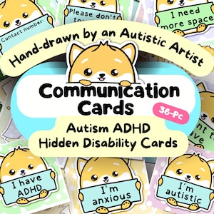 Autistische verborgen handicapkaarten, zonnebloemkoord, neurodivergente communicatiekaart, volwassen ADHD Angst Autisme Sleutelhanger pdf, Cartoon AAC