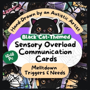 Black Cat non-verbale communicatiekaarten, halloween autisme keycord visuals, niet-sprekende hulp voor kinderen, download voor volwassenen met autisme, therapiekit
