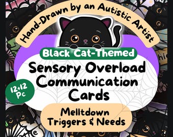 Könnte beinhalten: Ein Set mit 24 Kommunikationskarten zum Thema schwarze Katze für sensorische Überlastung. Die Karten zeigen schwarze Katzen mit verschiedenen Gesichtsausdrücken und sollen Menschen helfen, ihre Bedürfnisse und Gefühle zu kommunizieren. Die Karten wurden von einem autistischen Künstler handgezeichnet.