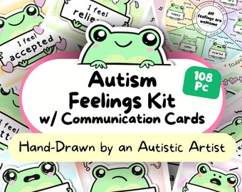 May include: A set of 108 illustrated cards featuring a green frog holding signs with different feelings written on them. The cards are designed to help people with autism communicate their feelings. The text on the cards reads "Autism Feelings Kit w/ Communication Cards Hand-Drawn by an Autistic Artist".