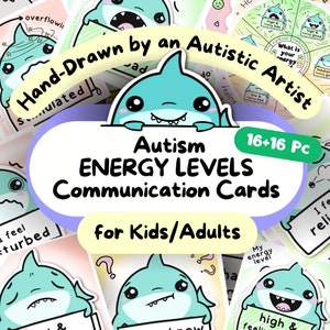 Tarjetas de comunicación con tiburones, seguimiento del nivel de energía, cordón neurodivergente en formato PDF, tarjeta didáctica sobre los sentimientos del autismo, problemas sensoriales relacionados con el TDAH, ayuda no verbal