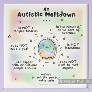 Pode incluir: Uma impress&atilde;o emoldurada com o texto "An Autistic Meltdown" e uma ilustra&ccedil;&atilde;o de pinguim de desenho animado. O texto explica o que &eacute; e n&atilde;o &eacute; um colapso autista, incluindo que n&atilde;o &eacute; uma birra ou intencional. A impress&atilde;o est&aacute; em uma moldura lil&aacute;s.