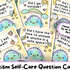 Tarjetas de preguntas de autocuidado autista, TDAH con diseño de pingüino imprimible, enmascaramiento neurodivergente, kit de salud mental, PDF de fusión, ayuda para necesidades especiales