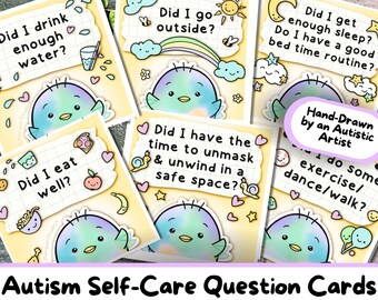 Autistic Self-Care Question Cards, Penguin-Design ADHD Printable, Neurodivergent Masking, Mental Health Kit, Meltdown PDF, Special Needs Aid